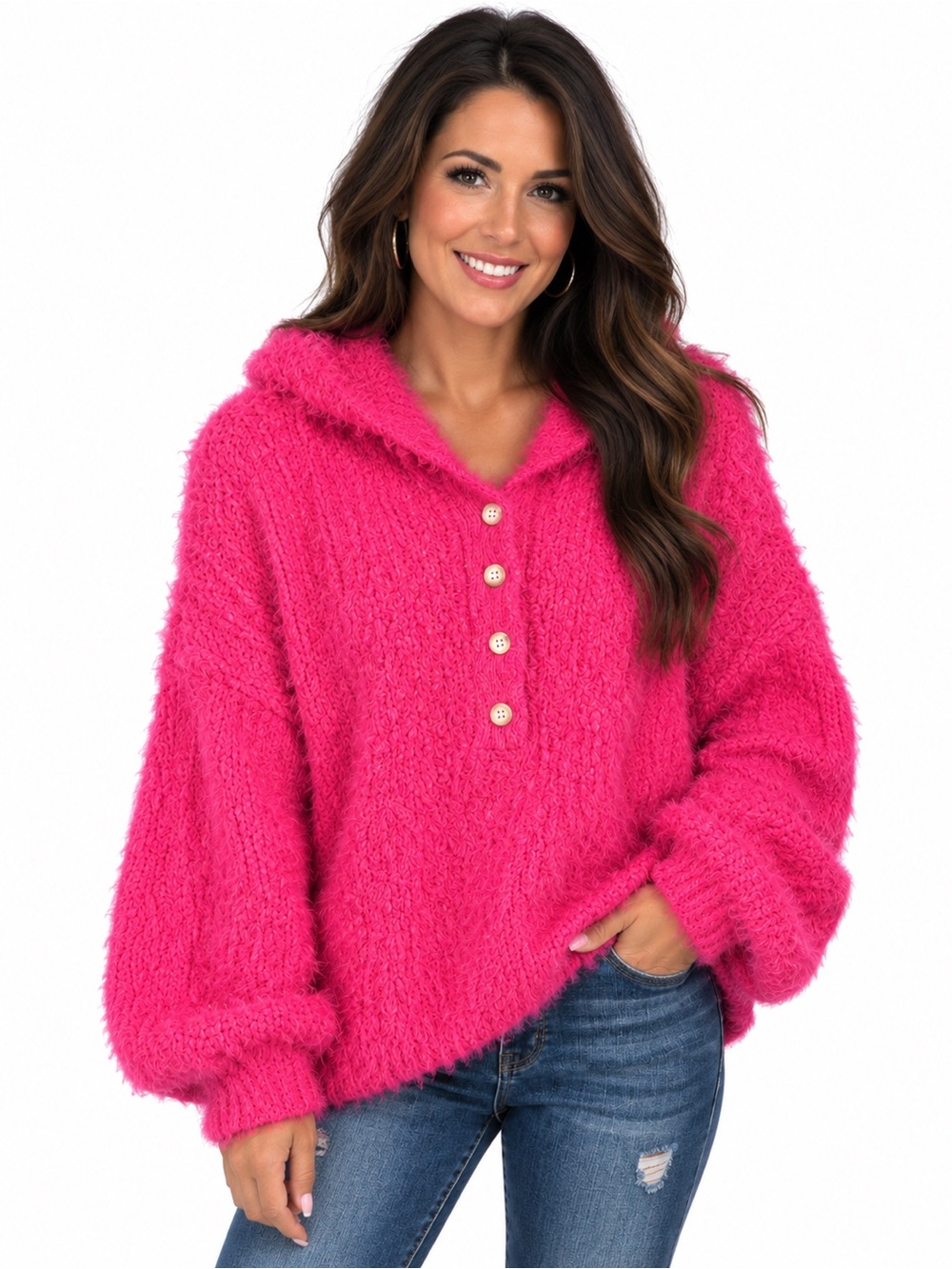 POL Hot Pink Fuzzy Button-Up Hoodie Sweater Oversized Small